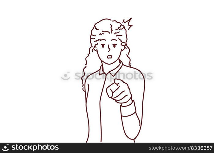 Stunned African American woman point at screen choose you. Amazed black female show at camera with finger making choice. Vector illustration. . Amazed black woman point at screen 