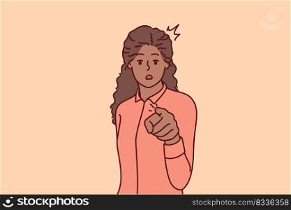 Stunned African American woman point at screen choose you. Amazed black female show at camera with finger making choice. Vector illustration. . Amazed black woman point at screen 