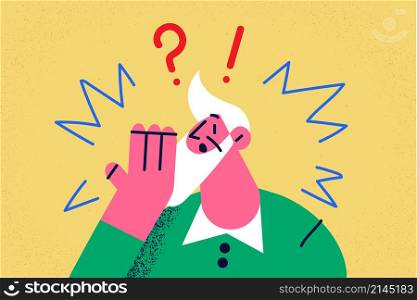 Stunned old grey-haired bearded man feel shocked by unexpected news or message. Amazed mature grandfather surprised astonished by unbelievable notification. Flat vector illustration. . Amazed senior man feel shocked by unexpected news