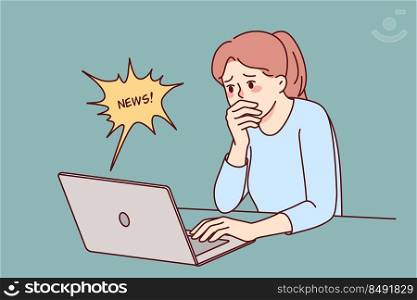 Stunned woman look at laptop screen feel shocked by unbelievable news online. Amazed girl surprised by mail or notification on computer. Vector illustration. . Stunned woman shocked by news on laptop 