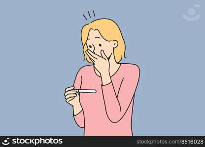 Stunned woman looking at test get to know about pregnancy. Surprised woman shocked with pregnancy news. Vector illustration.. Stunned woman shocked with pregnancy news