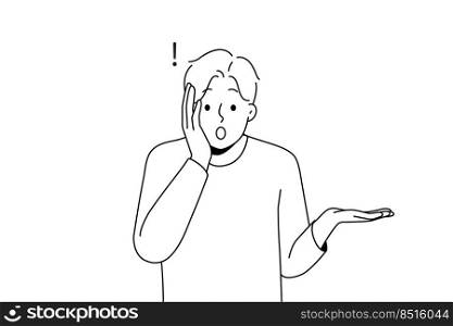 Stunned young man feel shocked by unbelievable news. Amazed male surprised by unexpected information or data. Vector illustration. . Stunned man shocked by unbelievable news 