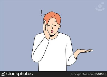 Stunned young man feel shocked by unbelievable news. Amazed male surprised by unexpected information or data. Vector illustration.. Stunned man shocked by unbelievable news