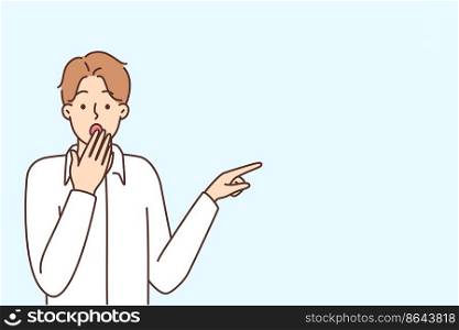 Stunned young man point at blank copy space aside feel shocked. Amazed guy show advertising placement feeling surprised and astonished. Vector illustration. . Stunned man point at blank copy space 