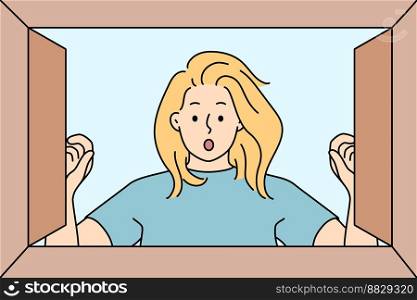 Stunned young woman look in open box shocked with unexpected content. Amazed girl surprised with unbelievable order or purchase in package. Vector illustration. . Stunned woman shocked with box order 