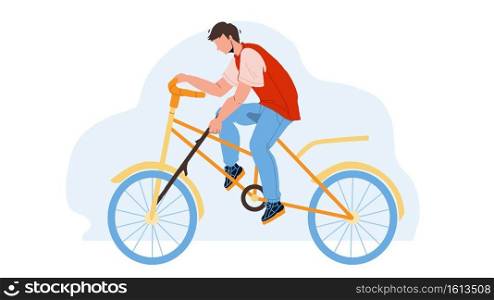 Stupidity Boy Put Spoke In Bicycle Wheel Vector. Stupid Man Bicycling And Putting Stick In Transport Wheel. Character Guy Riding Bike And Make Dangerous Action Flat Cartoon Illustration. Stupidity Boy Put Spoke In Bicycle Wheel Vector