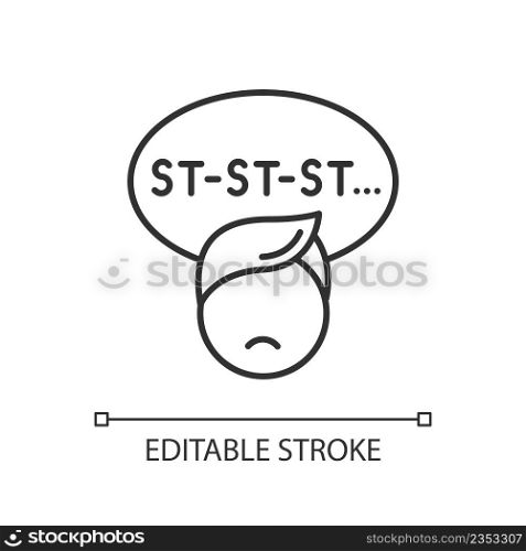 Stuttering child linear icon. Speech and communication disorder. Disruption and repetition of sounds. Thin line illustration. Contour symbol. Vector outline drawing. Editable stroke. Arial font used. Stuttering child linear icon