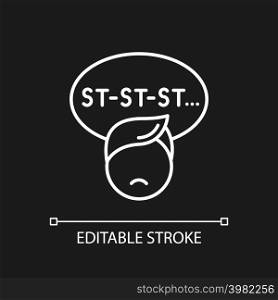 Stuttering child white linear icon for dark theme. Speech and communication disorder. Repetition of sounds. Thin line illustration. Isolated symbol for night mode. Editable stroke. Arial font used. Stuttering child white linear icon for dark theme