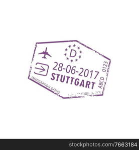 Stuttgart airport st&isolated visa template. Vector Germany border passing seal, date and plane. Visa st&of Stuttgart airport, Germany control