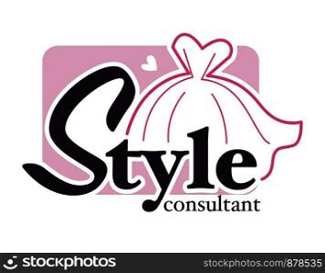 Style consultant, poster with elegant stylish dress clothing vector. Clients girls support of shop, store with glamorous items to female customers. Deal on market, professional advice of worker. Style consultant, poster with elegant stylish dress clothing
