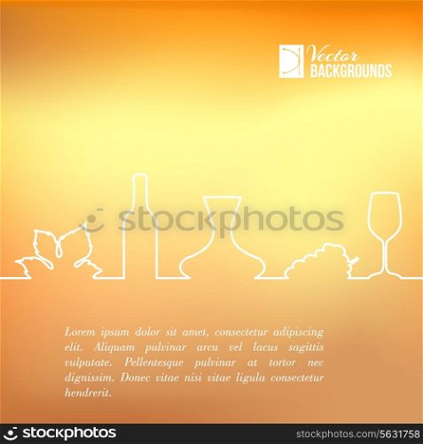 Style line of vine glass, bottle and grapes leaves. Vector illustration.