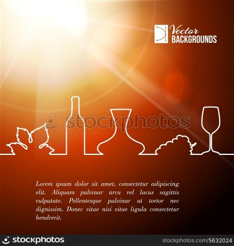 Style line of vine glass, bottle and grapes leaves. Vector illustration.