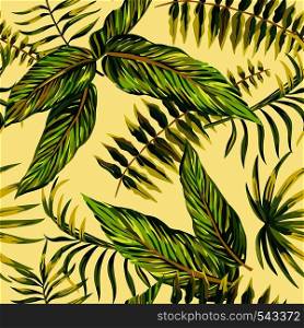 Styling tropical exotic painting floral palm leaf on a light yellow background. Print vintage vector jungle seamless pattern wallpaper