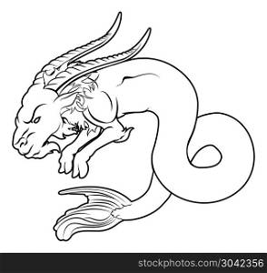 Stylised sea goat illustration. An illustration of a stylised black sea goat perhaps a sea goat tattoo. Stylised sea goat illustration