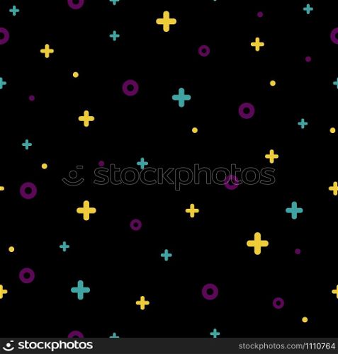 Stylish 1980s abstract memphis seamless pattern. Modern space texture with rare color funky shapes on black background. Vector illustration in memphis pop art style for fashion fabric print or booklet. Black memphis seamless pattern 80s - 90s style.