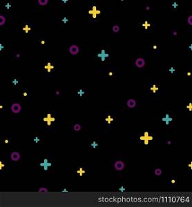 Stylish 1980s abstract memphis seamless pattern. Modern space texture with rare color funky shapes on black background. Vector illustration in memphis pop art style for fashion fabric print or booklet. Black memphis seamless pattern 80s - 90s style.