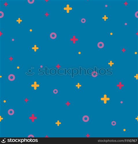 Stylish 1980s abstract memphis seamless pattern. Modern space texture with rare funky and minimal shapes on blue background. Vector illustration in memphis pop art style for fashion fabric print. Blue memphis seamless pattern 80s - 90s style.