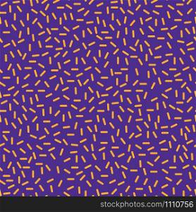 Stylish 1980s abstract memphis seamless pattern. Stylish minimal ornament with orange dashes on violet background. Vector illustration in memphis art style for poster template or fabric print. Orange dash memphis style violet seamless pattern