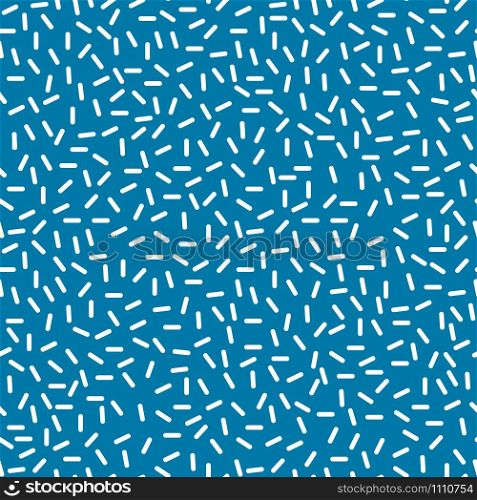 Stylish 1980s abstract memphis seamless pattern. Trendy minimal ornament with white dashes on blue background. Vector illustration in memphis art style for modern graphic or invitation templates. White dash memphis style blue seamless pattern