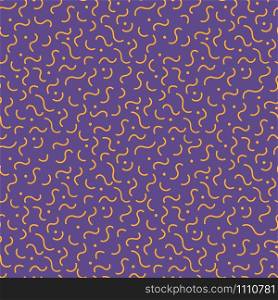 Stylish 1980s abstract memphis seamless pattern. Trendy minimal texture with orange wavy line and dot on violet background. Vector illustration in neo memphis art style for poster template.. Orange waves memphis style violet seamless pattern