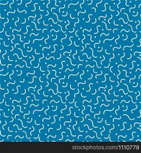 Stylish 1980s abstract memphis seamless pattern. Trendy minimal texture with white wavy line and dot on blue background. Vector illustration in neo memphis art style for modern graphic or invitation. White waves memphis style blue seamless pattern