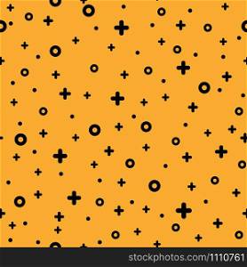 Stylish 1980s abstract memphis seamless pattern. Trendy texture with black funky shapes on orange background. Vector illustration in memphis pop art style for modern graphic or invitation templates. 1980s style abstract shape orange memphis pattern