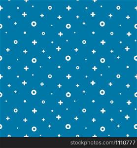 Stylish 1980s abstract memphis seamless pattern. Trendy texture with order black shapes on blue background. Vector illustration in memphis pop art style for modern graphic or invitation templates. 1980s style structured shape blue memphis pattern