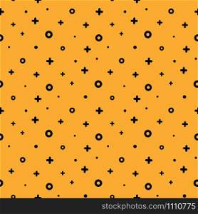 Stylish 1980s abstract memphis seamless pattern. Trendy texture with order black shapes on orange background. Vector illustration in memphis pop art style for modern graphic or invitation templates. 1980 style structured shape orange memphis pattern