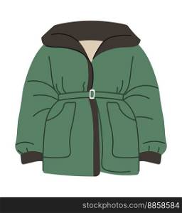Stylish and fashionable clothes for women, isolated jacket with hood and pockets, belt and long sleeves. Clothing for winter season. Apparel and outfit, outerwear. Vector in flat style illustration. Winter clothes, jacket for women, stylish apparel