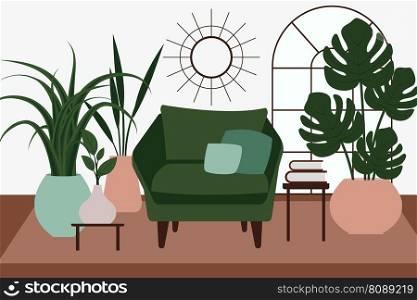 Stylish apartment interiors in Scandinavian style with modern decor. Cozy furnished living room. Cartoon flat vector illustration. Bright, stylish and comfortable furniture with indoor plants. Stylish apartment interiors in Scandinavian style with modern decor. Cozy furnished living room. Cartoon flat vector illustration. Bright, stylish and comfortable furniture with indoor plants. 