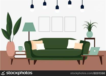 Stylish apartment interiors in Scandinavian style with modern decor. Cozy furnished living room. Cartoon flat vector illustration. Bright, stylish and comfortable furniture with indoor plants. Stylish apartment interiors in Scandinavian style with modern decor. Cozy furnished living room. Cartoon flat vector illustration. Bright, stylish and comfortable furniture with indoor plants. 