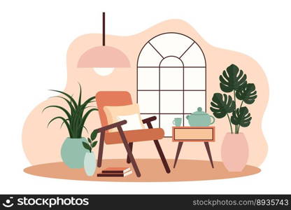 Stylish apartment interiors in Scandinavian style with modern decor. Cozy furnished living room. Cartoon flat vector illustration. Bright, stylish and comfortable furniture with indoor plants. Stylish apartment interiors in Scandinavian style with modern decor. Cozy furnished living room. Cartoon flat vector illustration. Bright, stylish and comfortable furniture with indoor plants. 