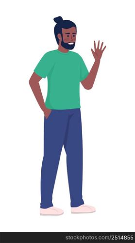 Stylish bearded man waving hand semi flat color vector character. Standing figure. Full body person on white. Friendly greeting simple cartoon style illustration for web graphic design and animation. Stylish bearded man waving hand semi flat color vector character