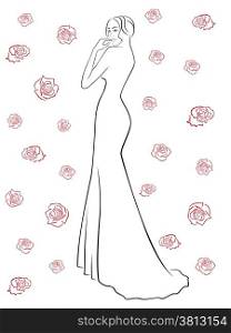 Stylish black contour of a slender woman in a long dress among red roses isolated on a white background, vector illustration