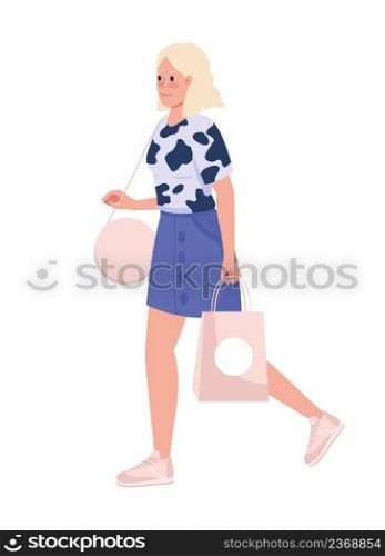 Stylish blonde lady with pink shopping bag semi flat color vector character. Walking figure. Full body person on white. Simple cartoon style illustration for web graphic design and animation. Stylish blonde lady with pink shopping bag semi flat color vector character