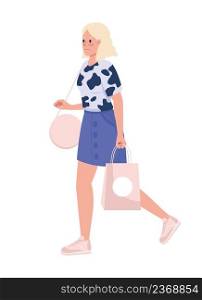 Stylish blonde lady with pink shopping bag semi flat color vector character. Walking figure. Full body person on white. Simple cartoon style illustration for web graphic design and animation. Stylish blonde lady with pink shopping bag semi flat color vector character