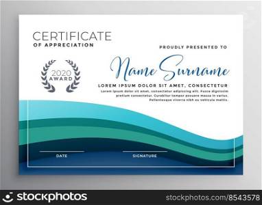 stylish blue wave certificate of appreciation template