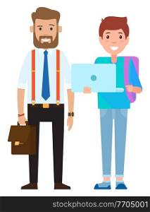Stylish businessmen and teenager. Smiling boy with schoolbag holding opened laptop. A man with beard in a shirt and tie holding in his hand a briefcase. Couple of family characters father and son. Stylish businessmen and tneenager. Boy holding opened laptop, man with briefcase