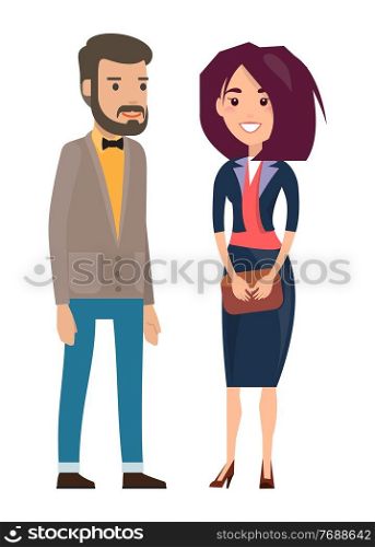 Stylish businesspeople wearing office suits, accessories. Elegance jacket and dress. Office worker dresscode. Businesswomen and businessmen with style office cloth. Dresscode of business person. Stylish businesspeople wearing office suits. Businesswomen and businessmen with style office cloth