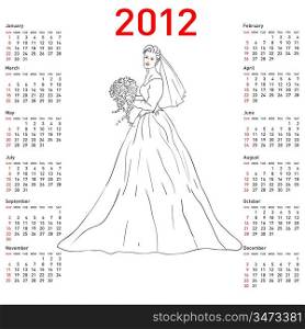 Stylish calendar Bride in wedding dress white with bouquet for 2012. Week starts on Sunday.