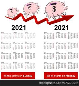 Stylish calendar Pig piggy bank for 2021 Sundays first
