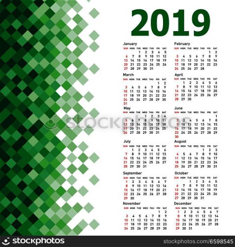 Stylish calendar with Abstract triangle mosaic background for 2019.. Stylish calendar with Abstract triangle mosaic background for 2019
