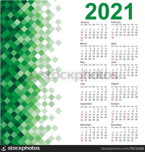 Stylish calendar with Abstract triangle mosaic background for 2021.. Stylish calendar with Abstract triangle mosaic background for 2021