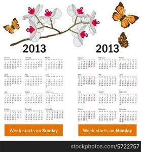 Stylish calendar with flowers and butterflies for 2013. Week starts on Monday.