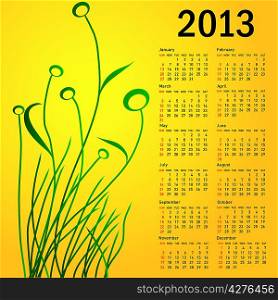 Stylish calendar with flowers for 2013. Week starts on Sunday.