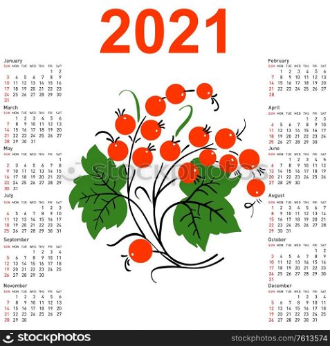 Stylish calendar with flowers for 2021. Week starts on Sunday.. Stylish calendar with flowers for 2021. Week starts on Sunday