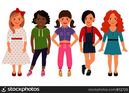 Stylish child girls vector illustration. Blonde and brunette, brown haired and redhead little girl set isolated on white background. Stylish child girls set