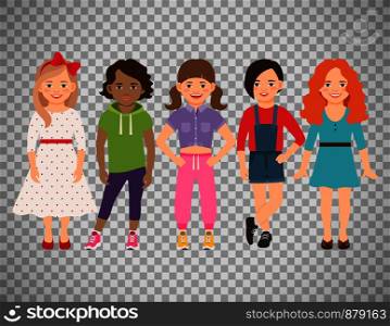 Stylish child girls vector illustration. Blonde and brunette, brown haired and redhead little girl set isolated on transparent background. Stylish girls set on transparent background