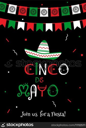 Stylish cinco de mayo fiesta invitation poster template. National colors vector illustration with native culture sombrero symbol and bunting flags for traditional Mexican celebration on cinco de mayo.. National colors cinco de mayo fiesta poster.