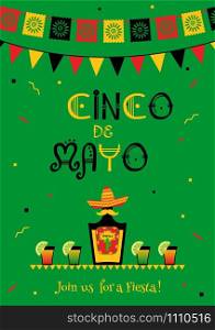 Stylish cinco de mayo fiesta invitation poster template. Festive green design concept with funny tequila bottle and cocktails with lime, bunting flags for national mexican holiday on cinco de mayo. Funny tequila cinco de mayo fiesta card invitation